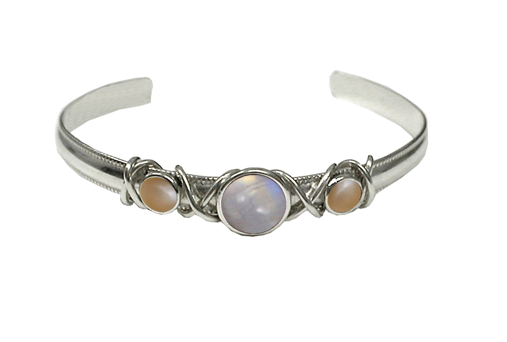 Sterling Silver Hand Made Cuff Bracelet With Rainbow Moonstone And Peach Moonstones